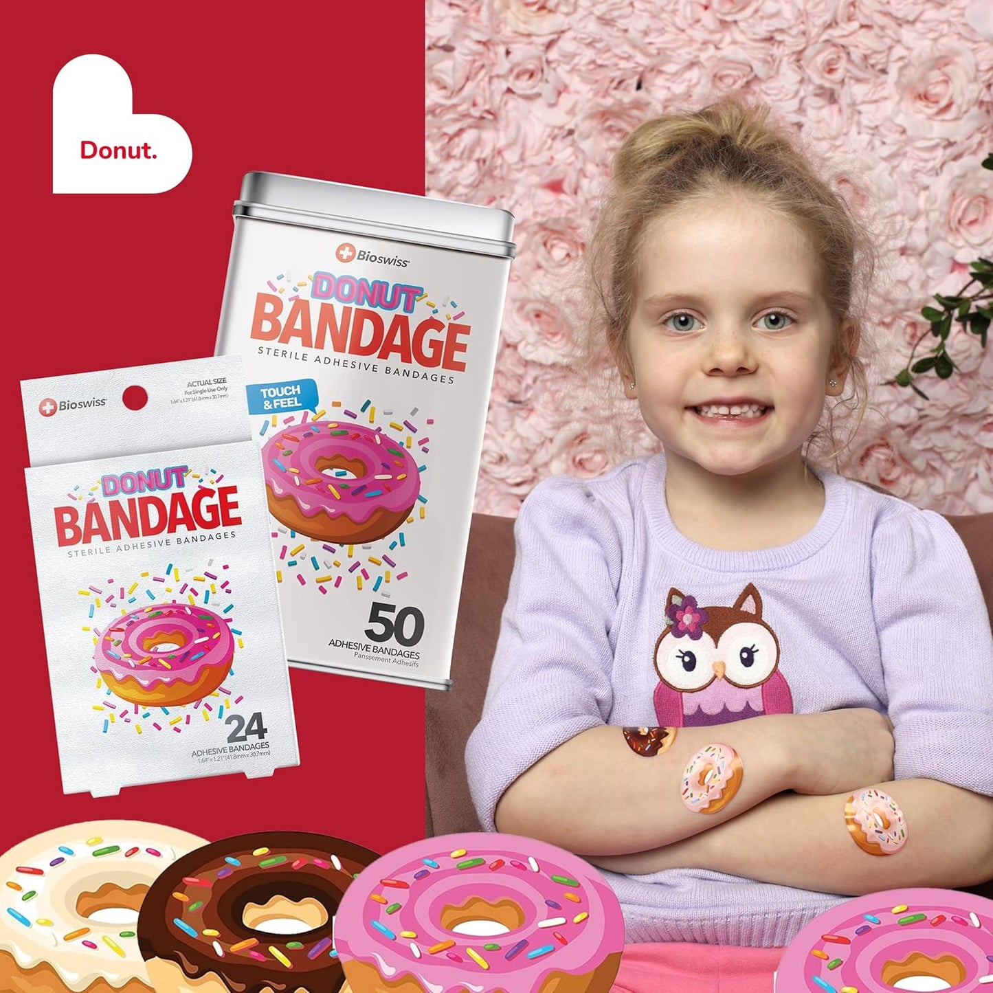 BioSwiss Bandages, Donut Shaped Self Adhesive Bandage, Latex Free Sterile Wound Care, Fun First Aid Kit Supplies for Kids, 50 Count