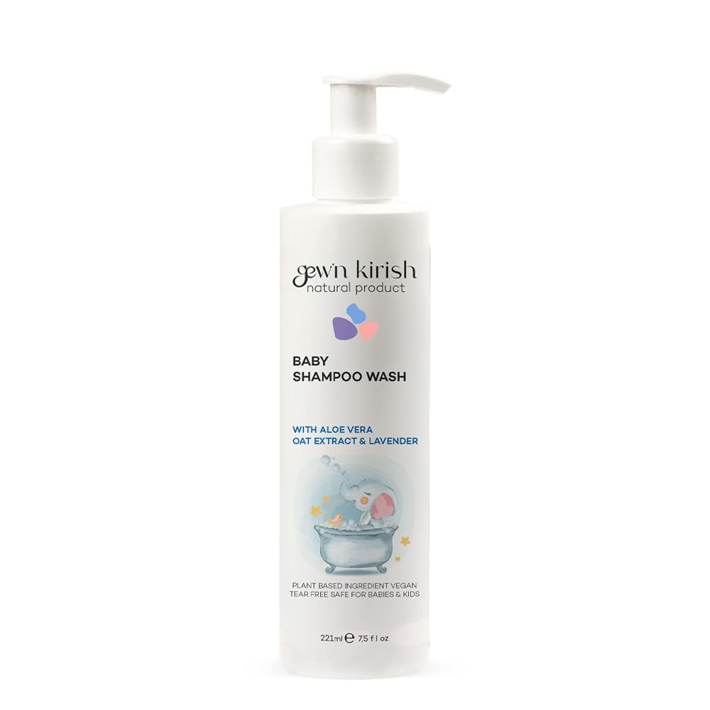 Gew’n Kirish Natural Baby Shampoo & Body Wash – Tear-Free, Hypoallergenic Cleanser with Lavender Oil, Aloe Vera & Oat Extract, Plant-Based, Vegan, Sulfate-Free Formula, 7.5 fl oz