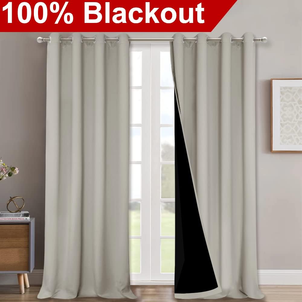 NICETOWN Natural 100% Blackout Curtains for Windows, Super Heavy-Duty Black Lined Total Darkness Drapes for Bedroom, Privacy Assured Window Treatment for Patio (Pack of 2, 52 inches W x 108 inches L)
