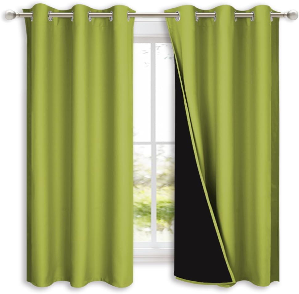 NICETOWN 100% Blackout Curtains 45 inches Long, Fresh Green, 1 Pair, 42 inches Width Each Panel, 2 Thick Layers Completely Blackout Window Treatment Thermal Insulated Lined Drapes for Small Window