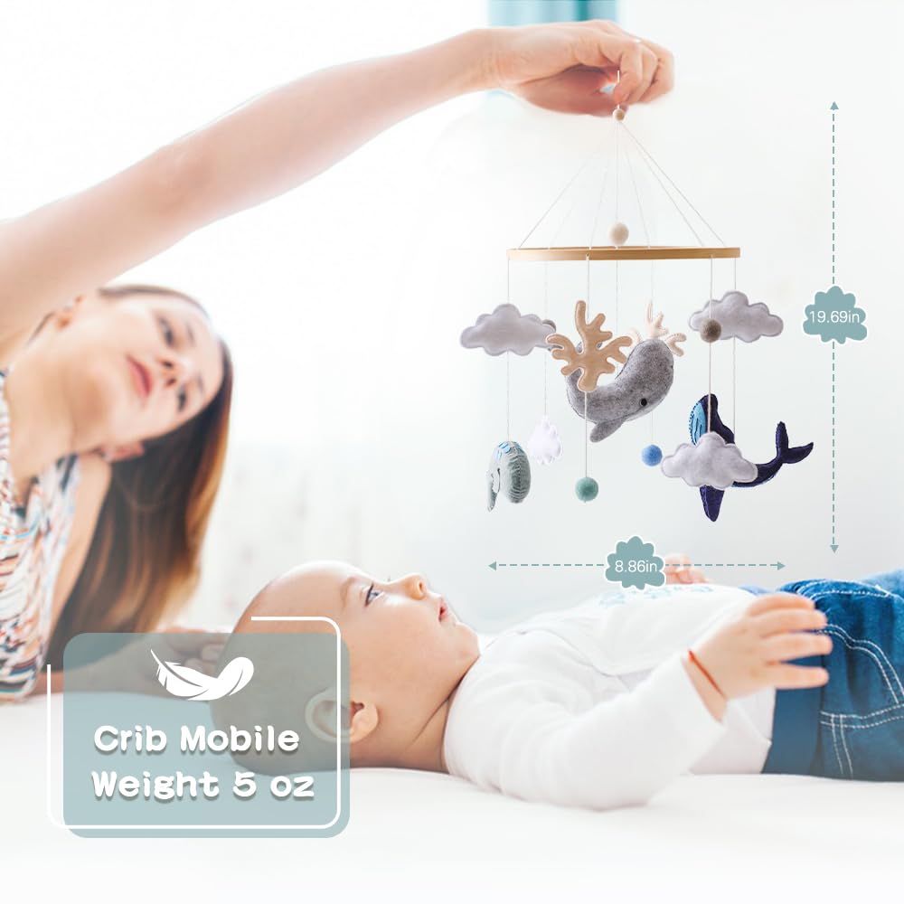 EERKEOD Baby Crib Mobile Ocean Nursery Mobile for Boys Girls Handmade Felt Mobile for Crib Nursery Decor for Infant Bedroom Hanging Baby Mobile for Bassinet Newborn Baby Gift（Whales）