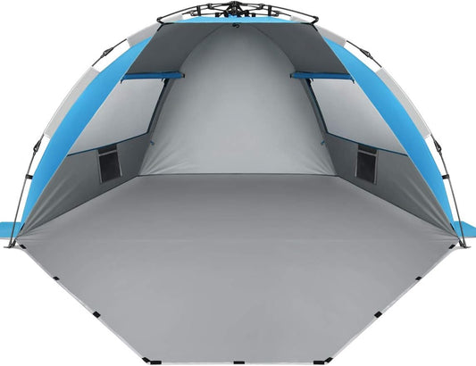 Oileus X-Large 4 Person Beach Tent Sun Shelter - Portable Sun Shade Instant Tent for Beach with Carrying Bag, Stakes, 6 Sand Pockets, Anti UV for Fishing Hiking Camping, Waterproof Windproof, Blue