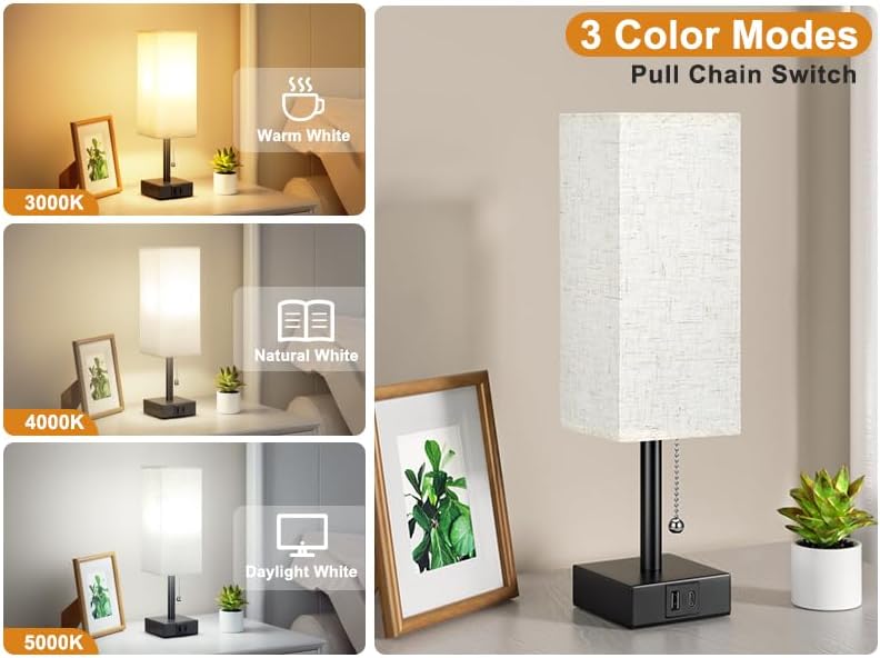 Bedside Table Lamp with 3 Color Temperatures - 3000/4000/5000K Small Lamp with USB C+A Ports, Nightstand Lamp with 3 Color Modes by Pull Chain, Bedroom Lamp for Living Read Work(LED Bulb Included)