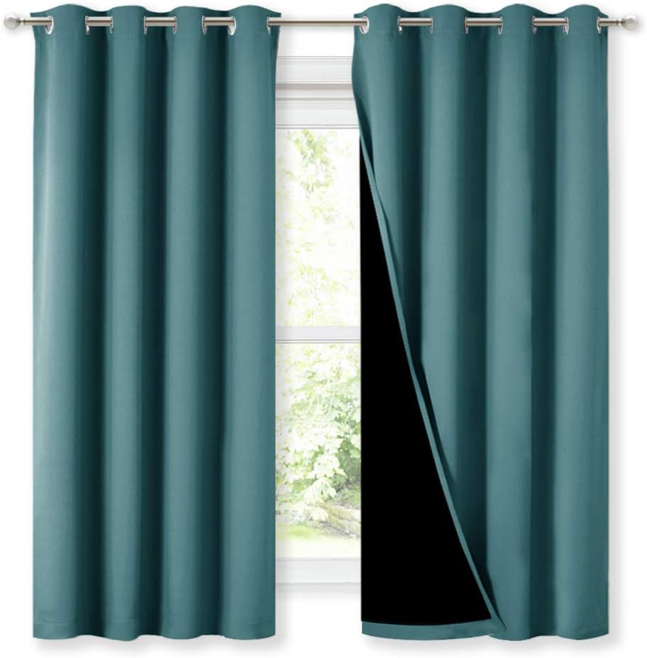 NICETOWN 100% Blackout Curtain Panels, Thermal Insulated Black Liner Curtains for Nursery Room, Noise Reducing and Cold Blocking Drapes for Windows (Set of 2, Sea Teal, 52-inch Wide by 63-inch Long)