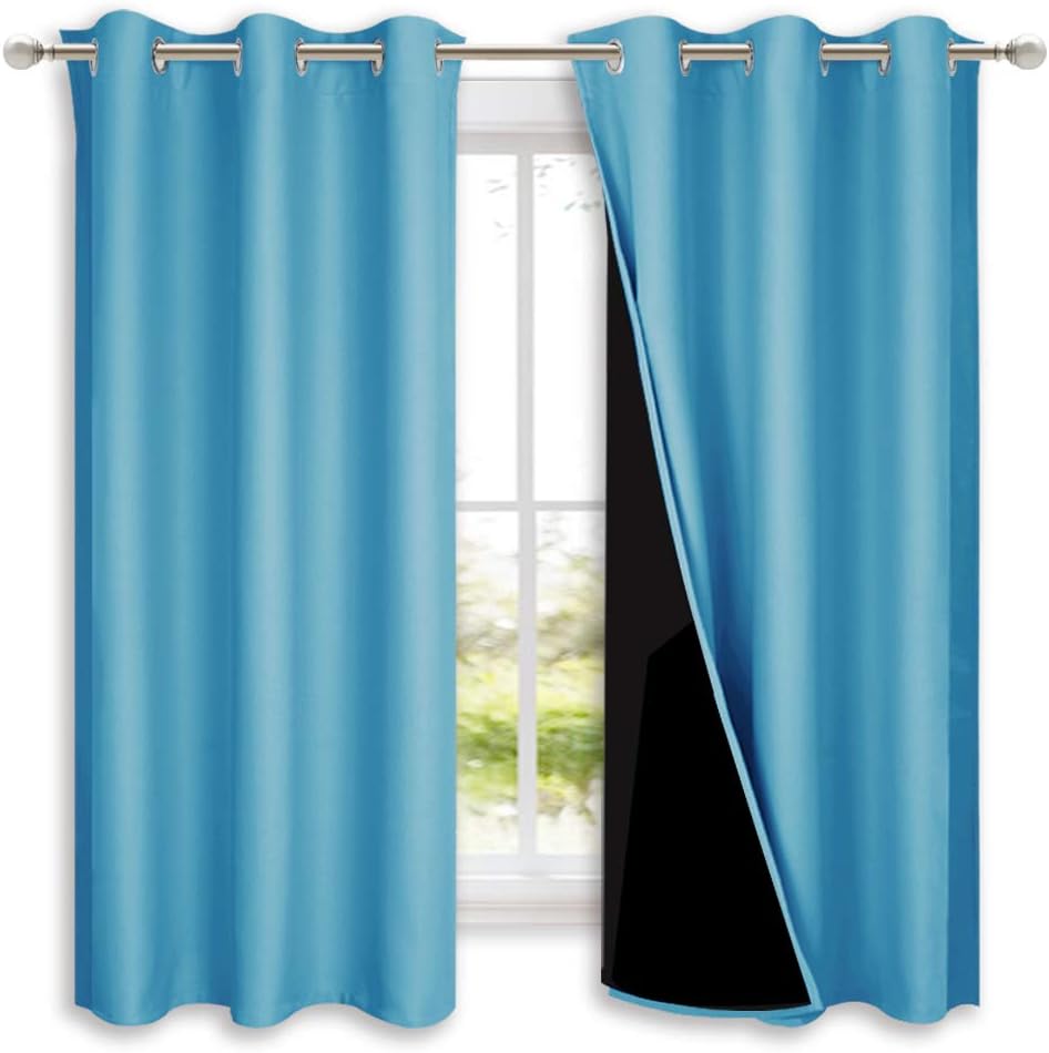 NICETOWN 100% Blackout Short Curtains with Black Liners, 2 Panels, 37" W by 40" L, Teal Blue, Solid Thermal Insulated Full Blackout 2-Layer Lined Drapes, Energy Efficiency Window Draperies for Bedroom