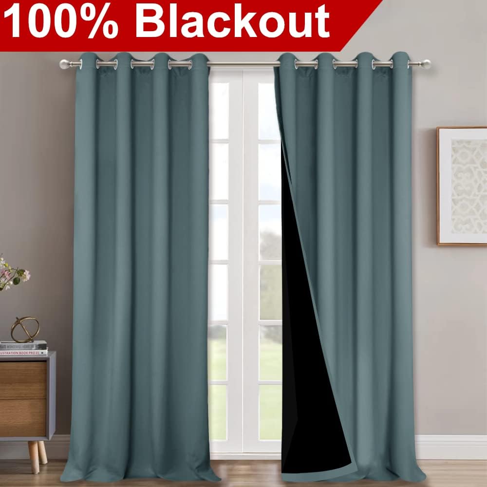 NICETOWN 100% Blackout Blinds, Set of 2, 46" x 102", Greyish Blue, Laundry Room Decor Window Treatment Curtains for Large Patio Sliding Door, Thermal Insulated Curtains for Bedroom