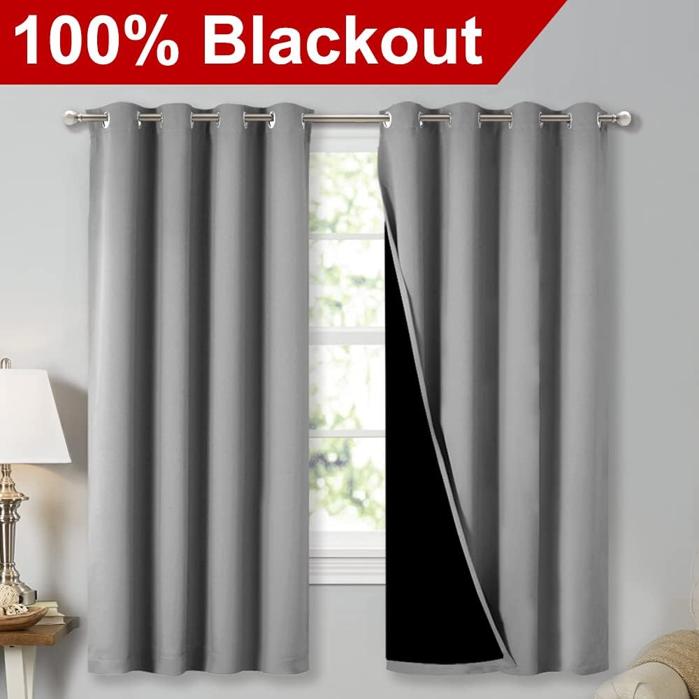 NICETOWN Extra Long Truly Blackout Drapes for Hall and Villa, 46-inch Width Each Panel, 45-inch Length, Silver Grey, 2 Pieces, 100% Blackout Window Curtains with Black Lined for Night Shift Worker