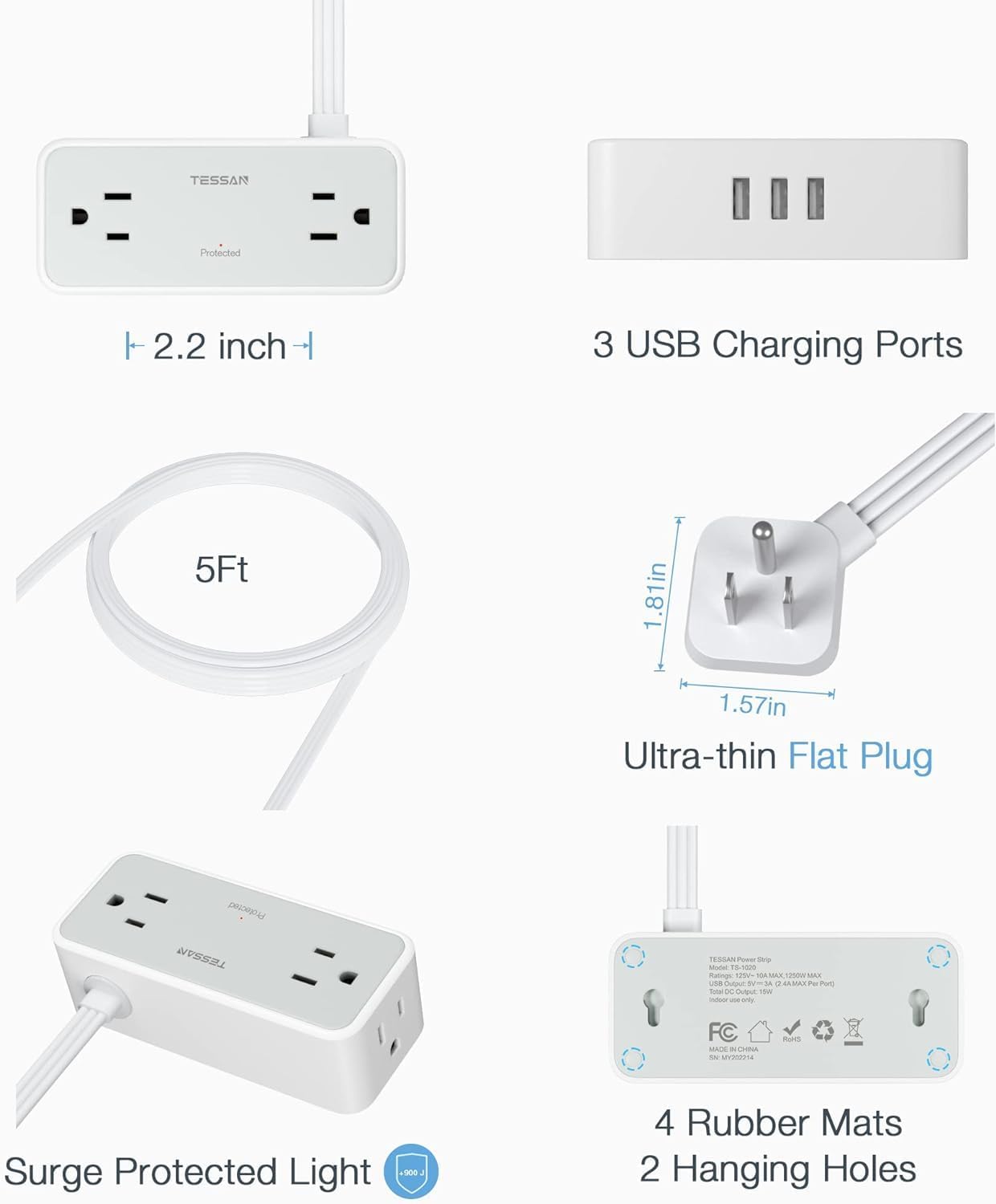 Ultra Thin 5FT Flat Extension Cord, TESSAN Surge Protector Flat Plug Power Strip, 4 Wide Spaced AC Outlets 3 USB A, 900 Joules Protection, Suitable for Home Office Dorm