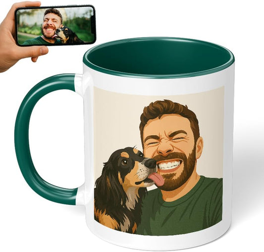 Personalized Coffee Mug, Custom Drawing Portrait Gift, Funny Customized Coffee Gift for Men & Women, Custom Mugs with Pictures, Green 11oz Father's Day Mug