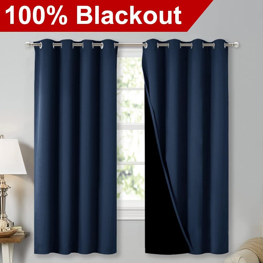 NICETOWN Extra Long Truly Blackout Drapes for Hall and Villa, 46-inch Width Each Panel, 45-inch Length, Navy, 2 Pieces, 100% Blackout Window Curtain Panels with Black Lined for Night Shift Worker