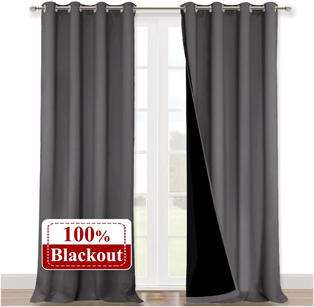 NICETOWN 100% Blackout Blinds, Set of 2, 52 inches x 102 inches, Laundry Room Decor Window Treatment Curtains for Large Patio Sliding Door, Thermal Insulated Grey Curtains for Bedroom