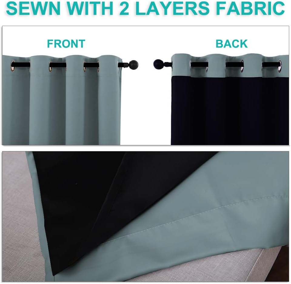 NICETOWN 100% Blackout Short Curtains with Black Liners, 2 Panels, 37" W by 50" L, Greyish Blue, Solid Thermal Insulated Full Blackout 2-Layer Lined Drapes, Energy Efficiency Window Drapes for Bedroom