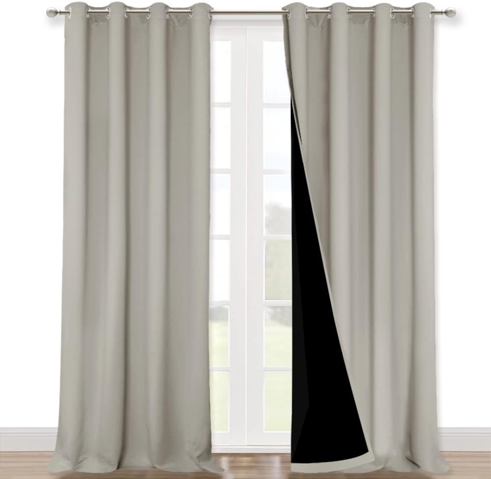 NICETOWN Natural 100% Blackout Curtains for Windows, Pack of 2, 52 inches W x 102 inches L, Super Heavy-Duty Black Lined Total Darkness Drapes for Bedroom, Privacy Assured Window Treatment for Patio