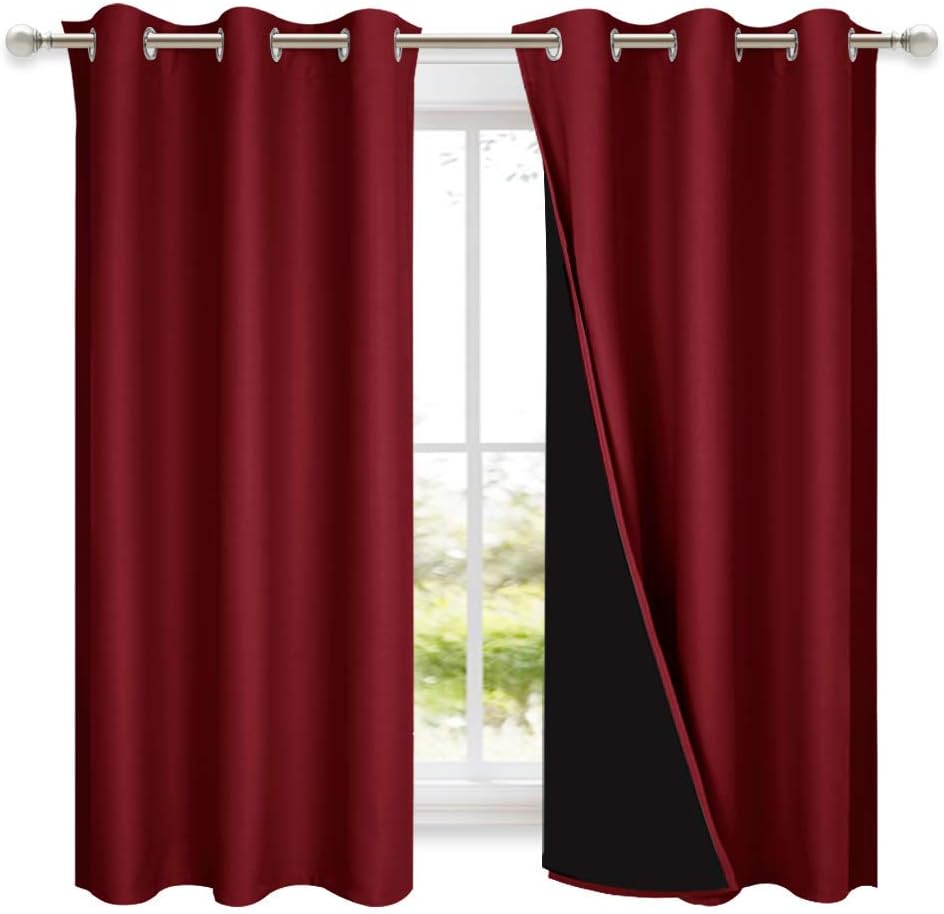 NICETOWN 100% Blackout Short Curtains with Black Liners, 2 Panels, 37" W by 63" L, Burgundy Red, Solid Thermal Insulated Full Blackout 2-Layer Lined Drapes, Energy Efficiency Window Drapes for Bedroom