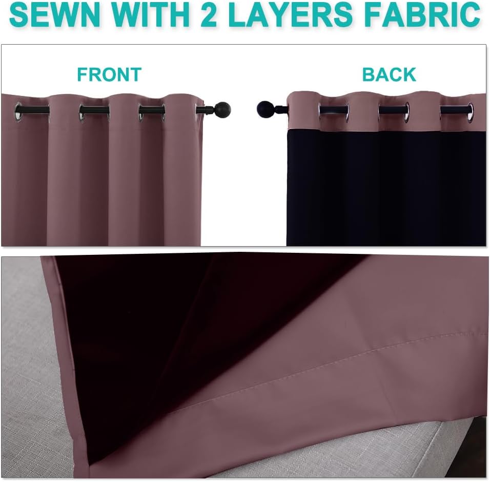 NICETOWN 100% Blackout Short Curtains with Black Liners, 2 Panels, 37" W by 60" L, Dry Rose, Solid Thermal Insulated Full Blackout 2-Layer Lined Drapes, Energy Efficiency Window Drapes for Bedroom