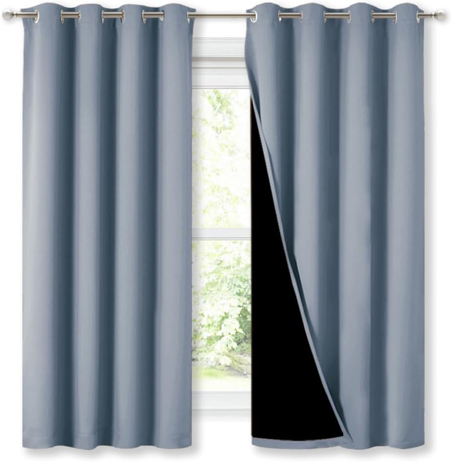 NICETOWN 100% Blackout Curtains 54 inches Long, Vintage Blue, 1 Pair, 52 inches Width Each Panel, Double-Deck Completely Blackout Window Treatment Thermal Insulated Lined Drapes for Small Window