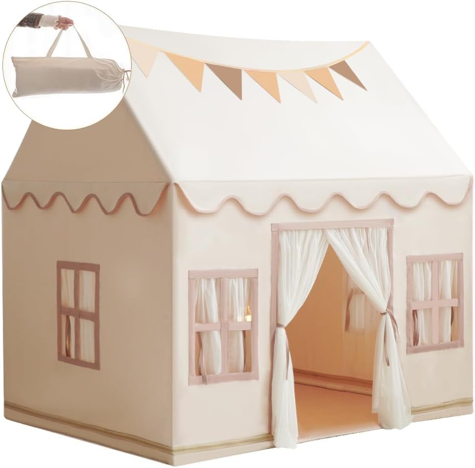 Large Kids Tent Playhouse Base Fabric with Star Lights, Flags and Tote Bags, Kids Play Tent Indoor & Outdoor, Washable Teepee Tent for Boys & Girls, Play House for Toddler, Neutral Color
