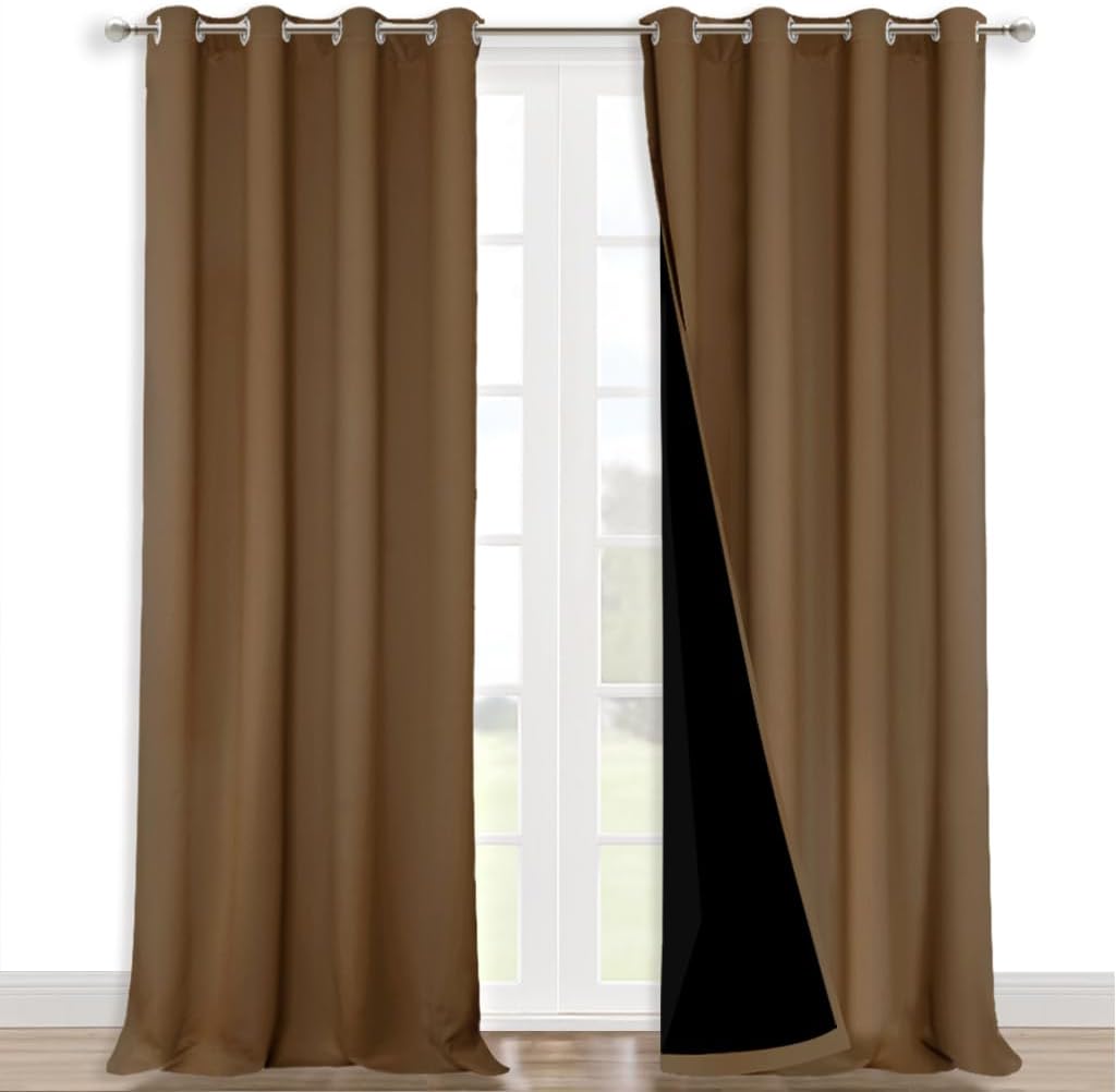 NICETOWN Full Shading Curtains for Windows, Gold Brown, Pack of 2, 52 inches W x 95 inches L, Super Heavy-Duty Black Lined Blackout Curtains for Bedroom, Privacy Assured Window Treatment