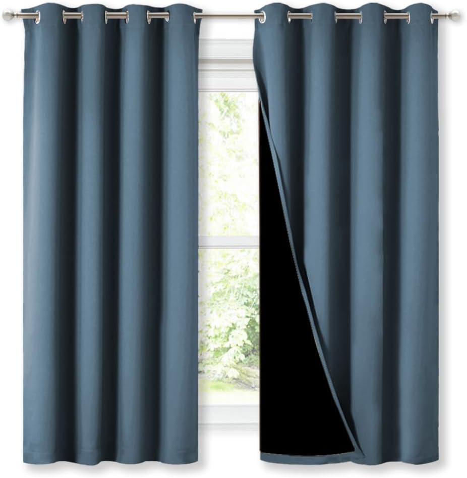 NICETOWN Extra Long Truly Blackout Drapes for Hall and Villa, 46" Width Each Panel, 45" Length, Smoky Blue, 2 Pieces, 100% Blackout Window Curtain Panels with Black Lined for Night Shift Worker
