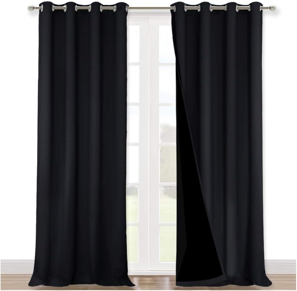NICETOWN Full Shading Curtains 90 inches Long 2 Panels Set for Windows, Super Heavy-Duty Black Lined Blackout Curtains for Bedroom, Privacy Assured Window Treatment (Black, 52 inches W)