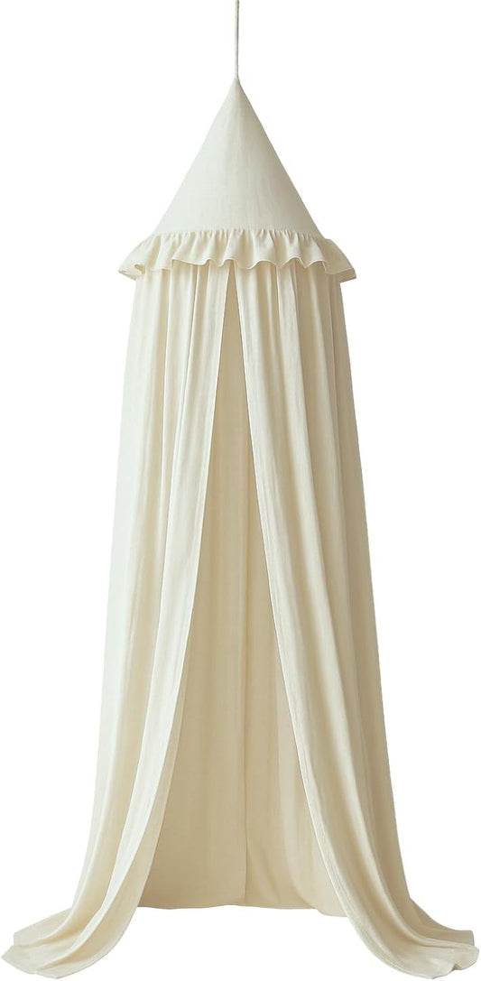 Wonder Space Kids Bed Canopy with Ruffles, Pastel Neutral Color for Boys & Girls, Frilled Cotton Tent Nursery Room Baby Crib Hanging Curtain Mosquito Netting Children Reading Nook Decoration (Ivory)