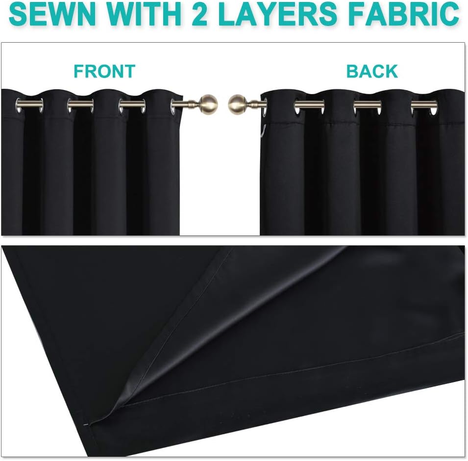 NICETOWN Truly Blackout Curtains 57 inches Length, 2 Thick Layers Completely Blackout Window Treatment Thermal Insulated Lined Drapes for Basement Window (Black, 1 Pair, 55 inches Width Each Panel)