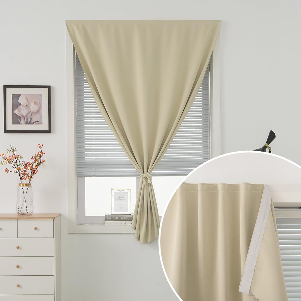 Self Adhesive Portable Blackout Curtains for Bedroom Easy to Install Window Thermal Lnsulated Kitchen Room Darkening Small Window Curtains, Cortinas Para Cuarto, 35"W X 59"L, Beige, 1 Panel