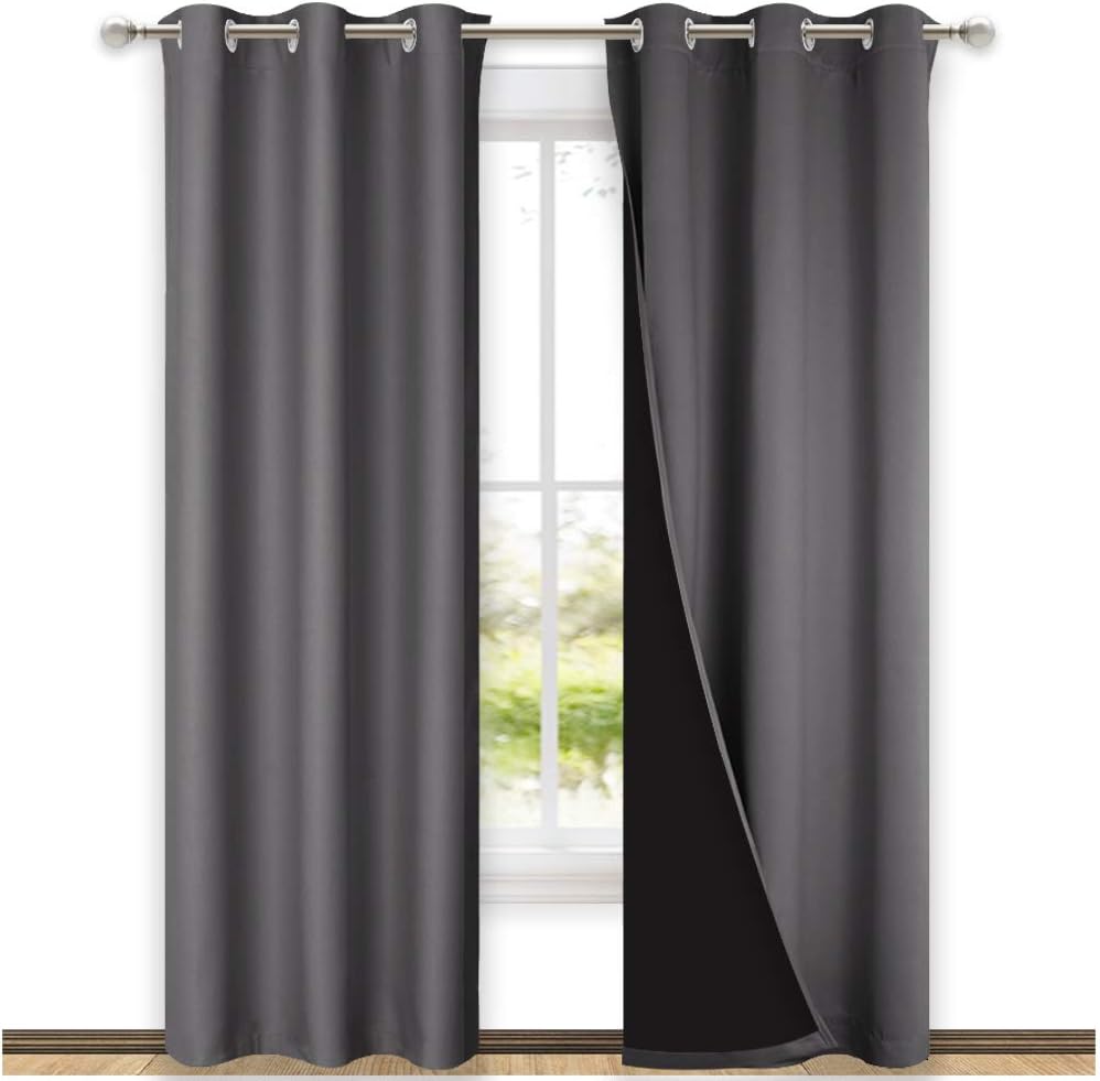 NICETOWN Grey Full Shade Curtain Panels, Pair of Thermal Insulated & Energy Efficiency Blackout Curtains for Living Room Windows, Lined Silky Window Dressing (42-inch Wide x 84-inch Long, Gray)