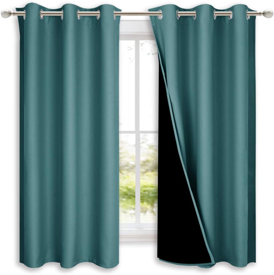 NICETOWN 100% Blackout Short Curtains with Black Liners, 2 Panels, 37" W by 50" L, Sea Teal, Solid Thermal Insulated Full Blackout 2-Layer Lined Drapes, Energy Efficiency Window Draperies for Bedroom