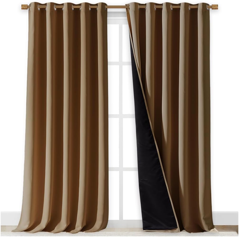 NICETOWN Full Shading Curtains for Windows, Gold Brown, Pack of 2, 70 inches W x 95 inches L, Super Heavy-Duty Black Lined Blackout Curtains for Bedroom, Privacy Assured Window Treatment