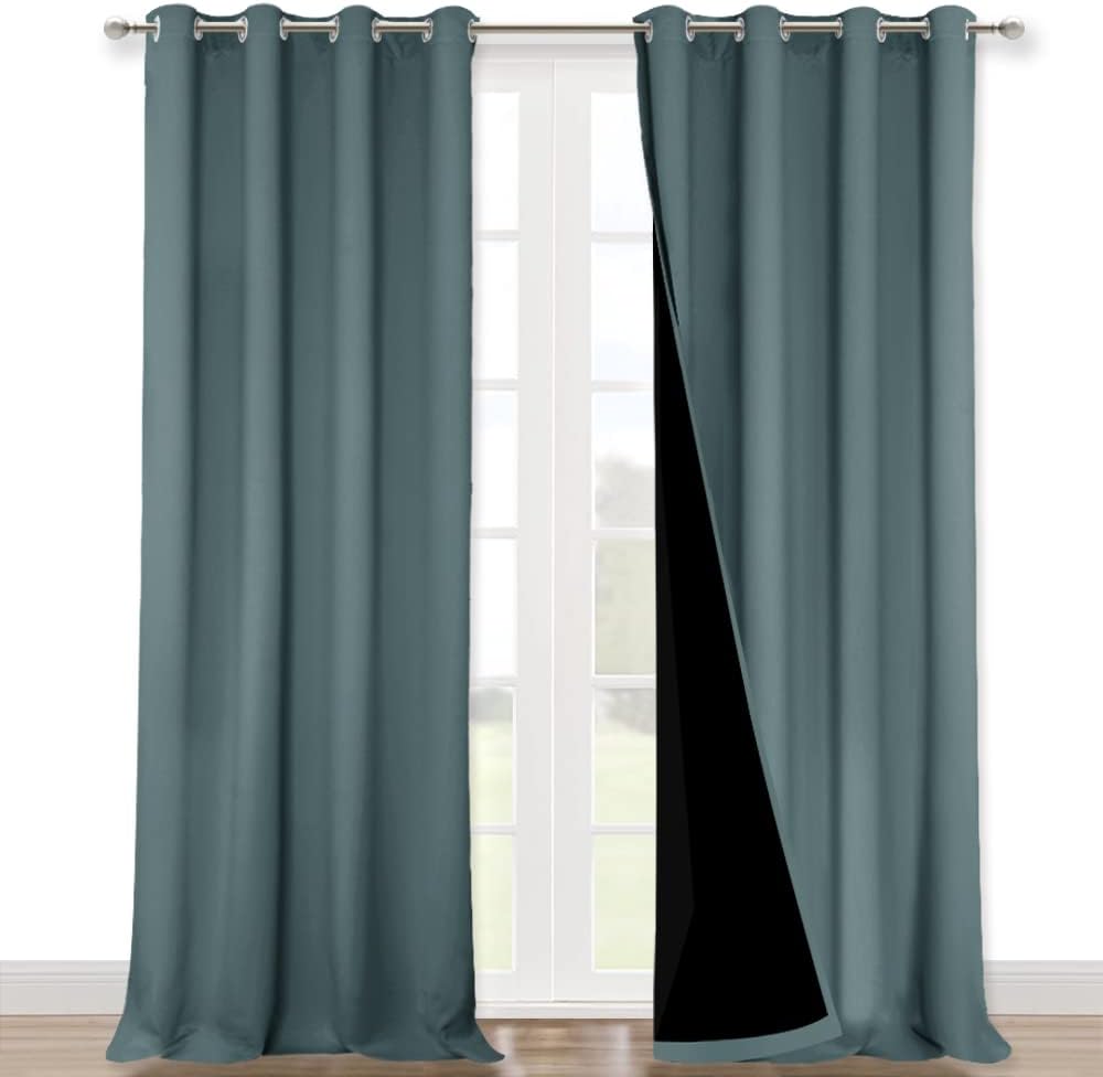 NICETOWN 100% Blackout Curtains for Windows, Pack of 2, Greyish Blue, 52" W x 120" L, Super Heavy-Duty Black Lined Total Darkness Drapes for Bedroom, Privacy Assured Window Treatment for Patio