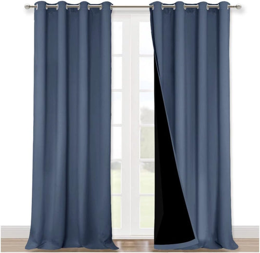 NICETOWN 100% Blackout Curtains for Windows, Pack of 2, Stone Blue, 52" W x 120" L, Super Heavy-Duty Black Lined Total Darkness Drapes for Bedroom, Privacy Assured Window Treatment for Patio