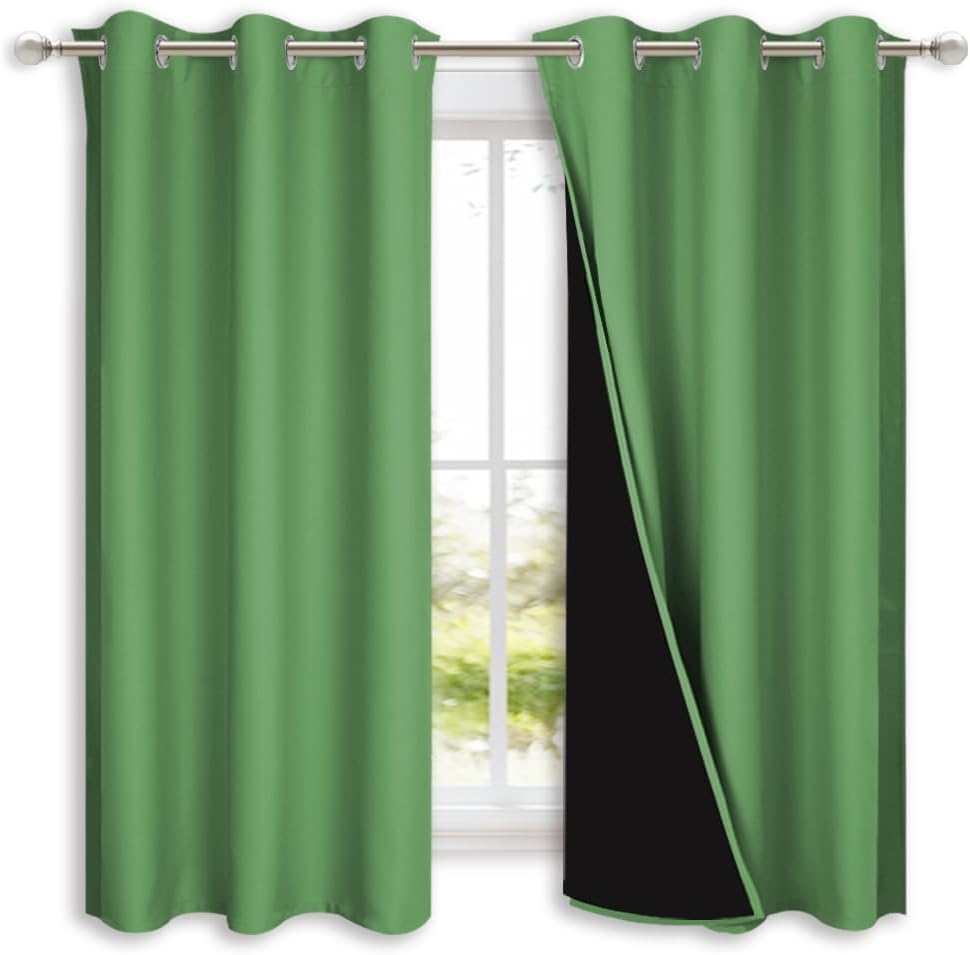 NICETOWN 100% Blackout Lined Curtains, Forest Green, 1 Pair, 42" Width x 63" Length Each Panel, 2 Thick Layers Completely Blackout Window Treatment Panels Thermal Insulated Drapes for Kitchen