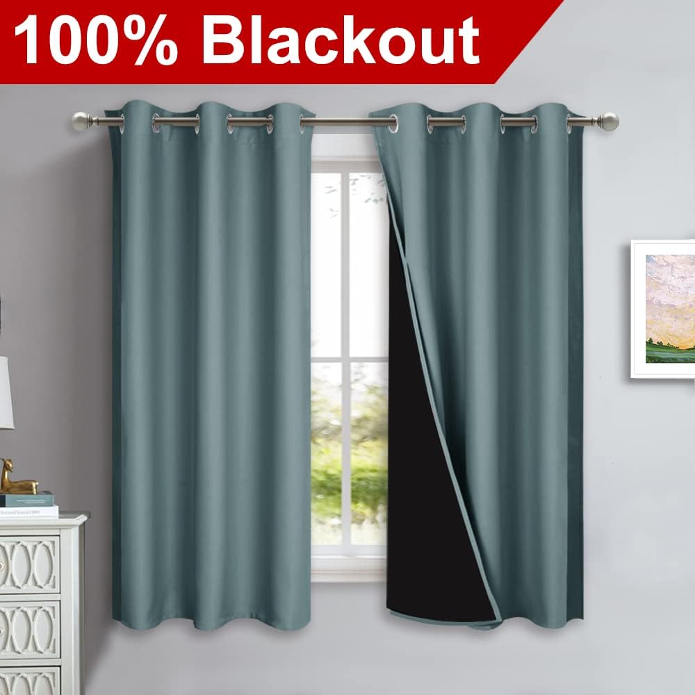 NICETOWN 100% Blackout Short Curtains with Black Liners, 2 Panels, 37" W by 40" L, Greyish Blue, Solid Thermal Insulated Full Blackout 2-Layer Lined Drapes, Energy Efficiency Window Drapes for Bedroom