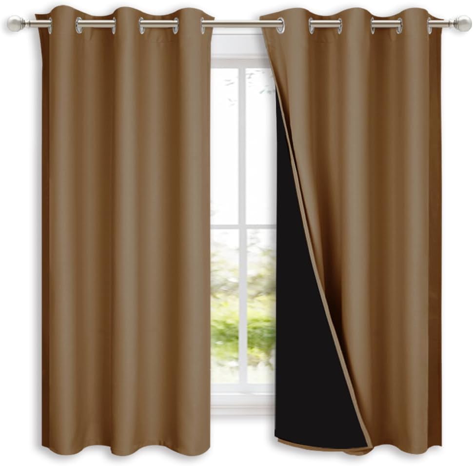 NICETOWN 100% Blackout Short Curtains with Black Liners, 2 Panels, 37" W by 63" L, Gold Brown, Solid Thermal Insulated Full Blackout 2-Layer Lined Drapes, Energy Efficiency Window Drapes for Bedroom