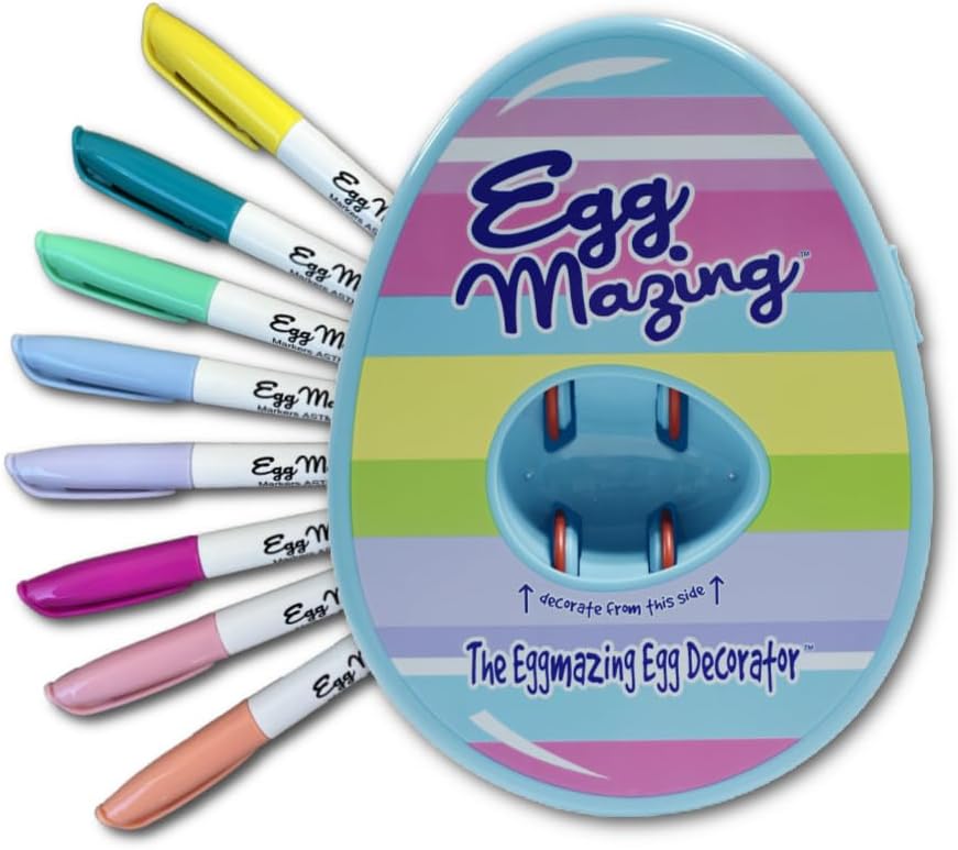 The Eggmazing Egg Decorator Easter Egg Decorator Kit - Arts and Crafts Set - Includes Egg Decorating Spinner and 8 Colorful Quick Drying Non Toxic Markers (Blue) - Packaging May Vary