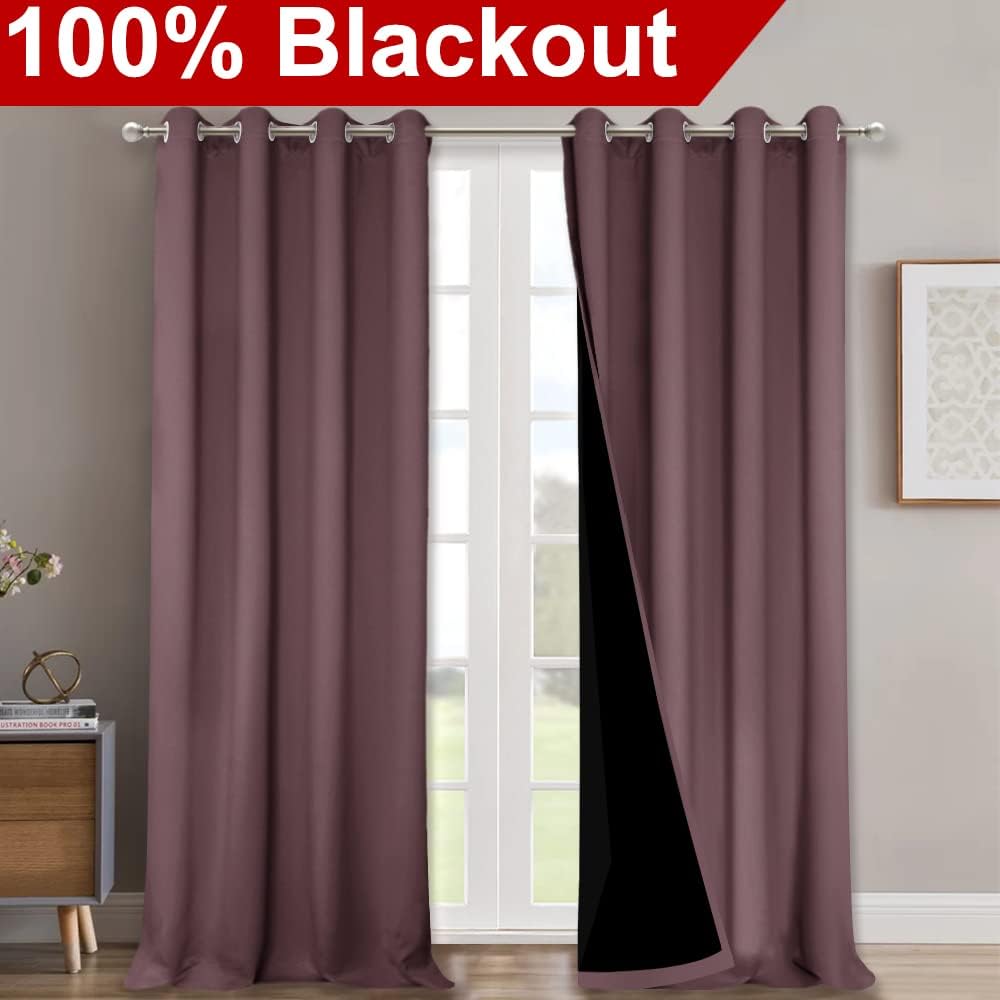 NICETOWN Dry Rose 100% Blackout Curtains for Windows, Super Heavy-Duty Black Lined Total Darkness Drapes for Bedroom, Privacy Assured Window Treatment for Patio (Pack of 2, 52 inches W x 108 inches L)