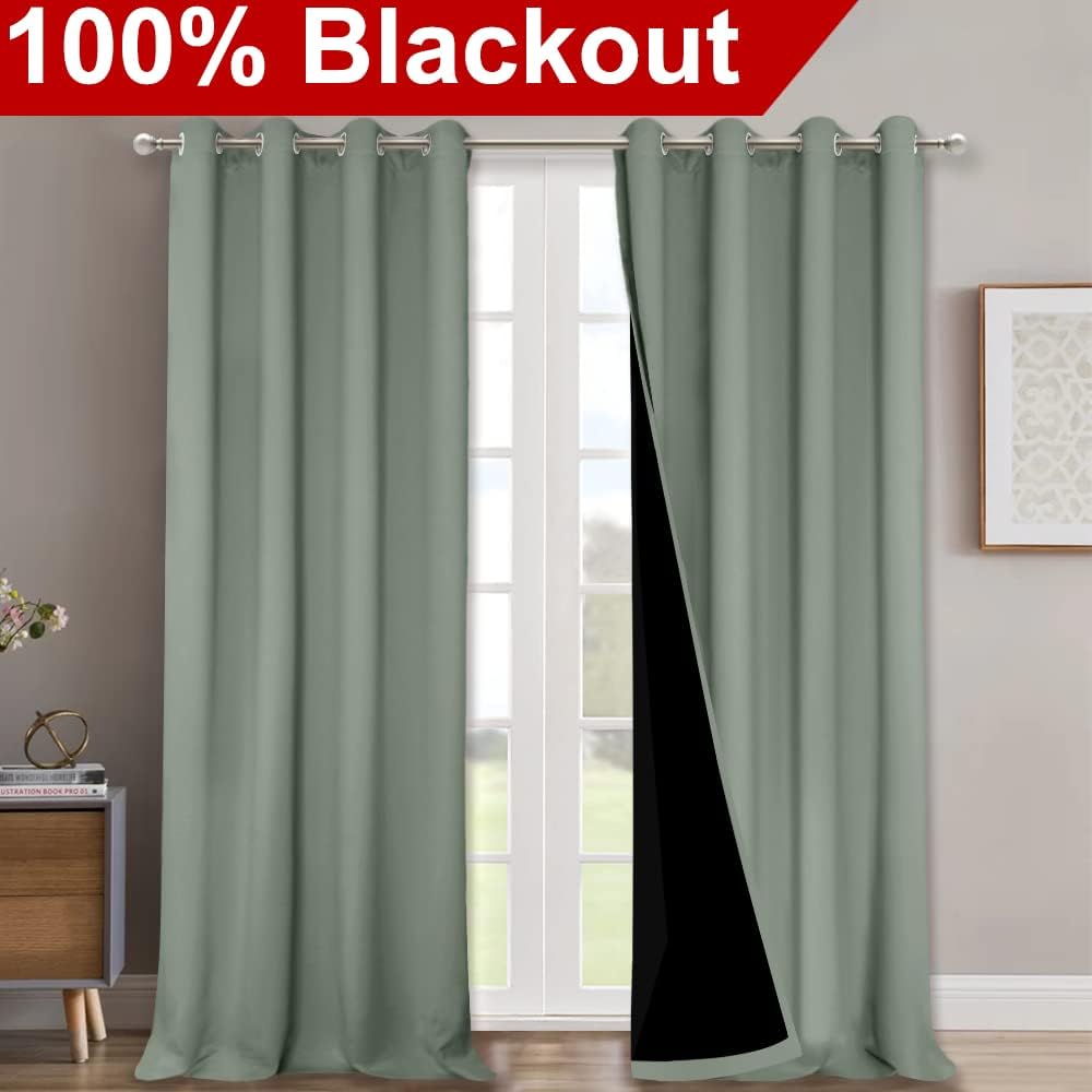 NICETOWN Full Shading Curtains for Windows, Super Heavy-Duty Black Lined Blackout Curtains for Bedroom, Privacy Assured Window Treatment (Greyish Green, Pack of 2, 52 inches W x 95 inches L)