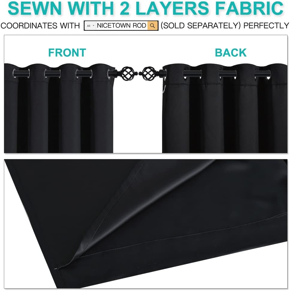 NICETOWN Cold Blocking 100% Blackout Curtains, Durable Black Lined Blackout Curtains for Bedroom, Energy Saving Long Curtains for Patio Sliding Glass Door, Black, 70 inches x 95 inches, 2 Panels