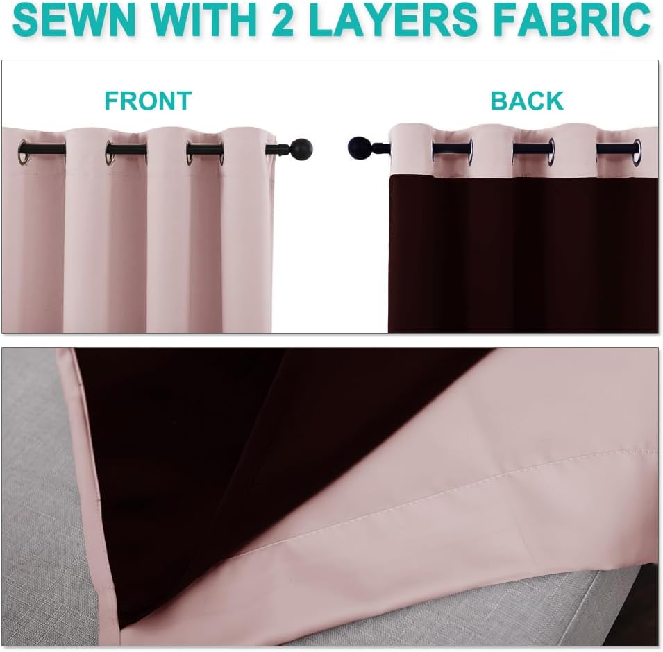 NICETOWN 100% Blackout Window Curtain Panels 84" Long, Blush Pink, 2 Pieces, 52 inches Wide Each Panel, Heat and Cold Blocking Drapes with Black Liner for Nursery, Thermal Insulated Draperies