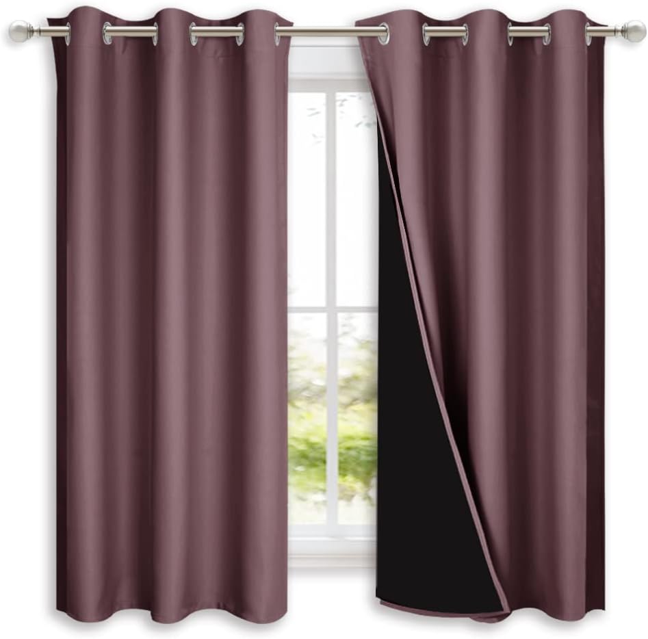 NICETOWN 100% Blackout Short Curtains with Black Liners, 2 Panels, 37" W by 60" L, Dry Rose, Solid Thermal Insulated Full Blackout 2-Layer Lined Drapes, Energy Efficiency Window Drapes for Bedroom