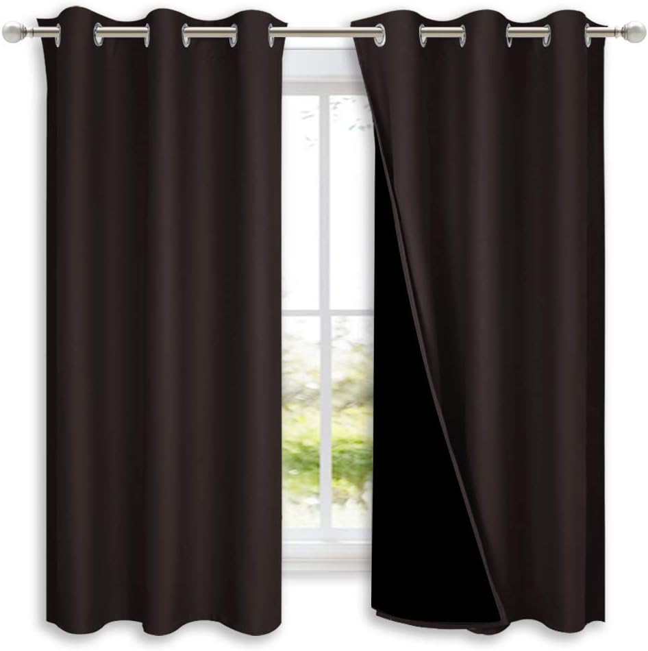 NICETOWN 100% Blackout Curtains 45 inches Long, 1 Pair, Brown, 42 inches Width Each Panel, 2 Thick Layers Completely Blackout Window Treatment Thermal Insulated Lined Drapes for Small Window
