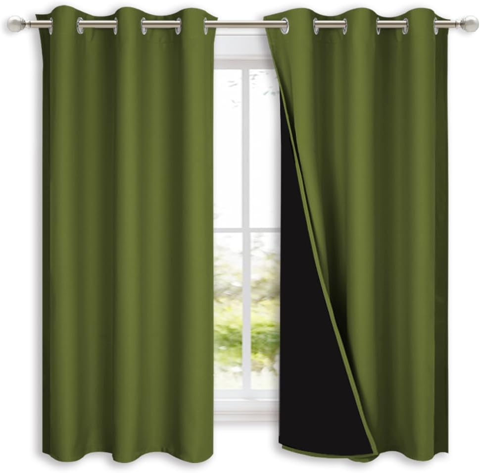 NICETOWN 100% Blackout Short Curtains with Black Liners, 2 Panels, 37" W by 50" L, Olive Green, Solid Thermal Insulated Full Blackout 2-Layer Lined Drapes, Energy Efficiency Window Drapes for Bedroom
