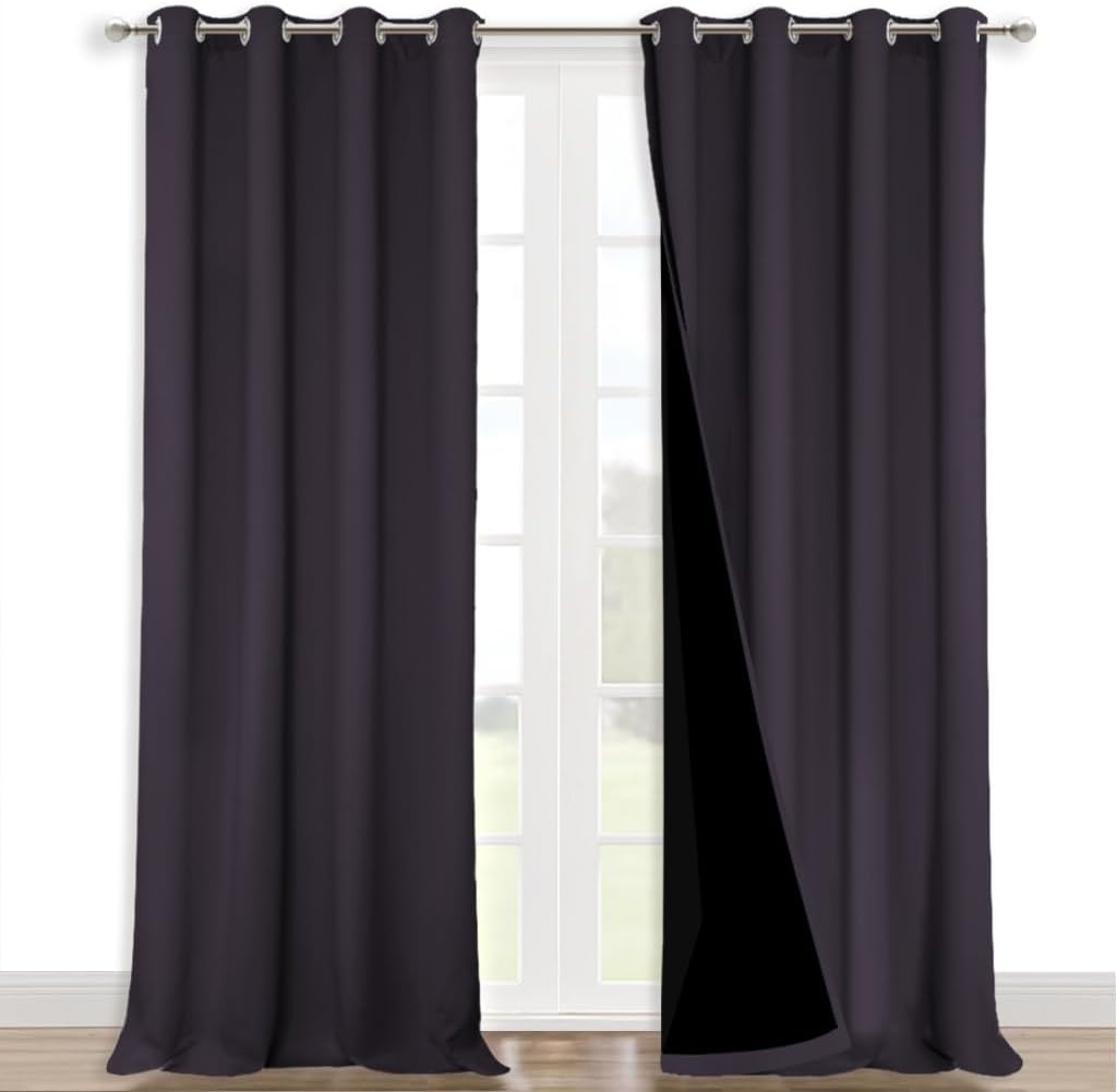 NICETOWN 100% Blackout Curtains for Windows, Pack of 2, Greyish Purple, 52" W x 120" L, Super Heavy-Duty Black Lined Total Darkness Drapes for Bedroom, Privacy Assured Window Treatment for Patio