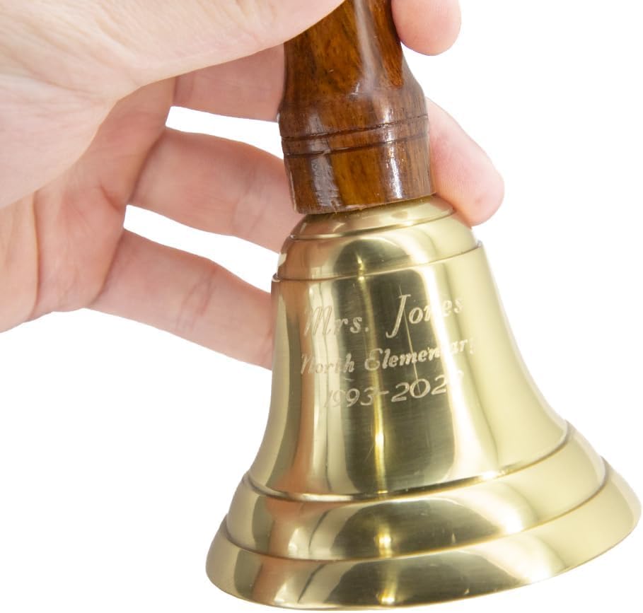 Engraved Brass Bell - Teacher Handbell - Wedding Bell - Custom Engravings - Multiple Fonts - Solid Wood & Brass for Teachers, Retirees, Cancer Survivors