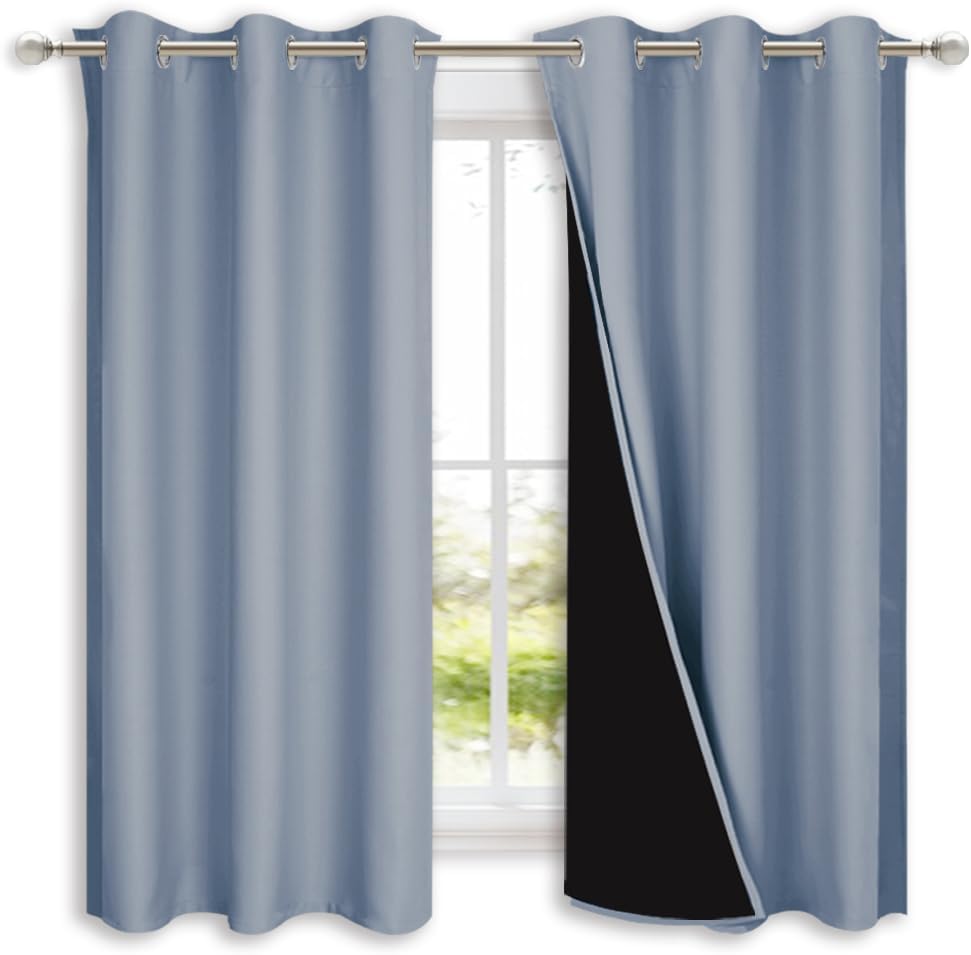 NICETOWN 100% Blackout Short Curtains with Black Liners, 2 Panels, 37" W by 60" L, Vintage Blue, Solid Thermal Insulated Full Blackout 2-Layer Lined Drapes, Energy Efficiency Window Drapes for Bedroom
