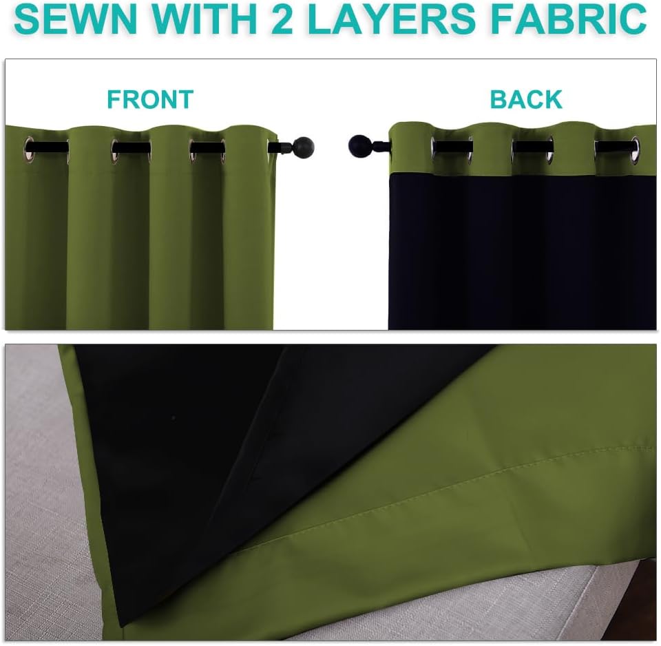 NICETOWN Total Shade Curtains and Draperies, Olive Green, Package of 2, 62 inches Wide x 95 inches, LongHeavy-Duty Full Light Shading Drapes with Black Liner Backing for Villa/Hall/Dorm Window