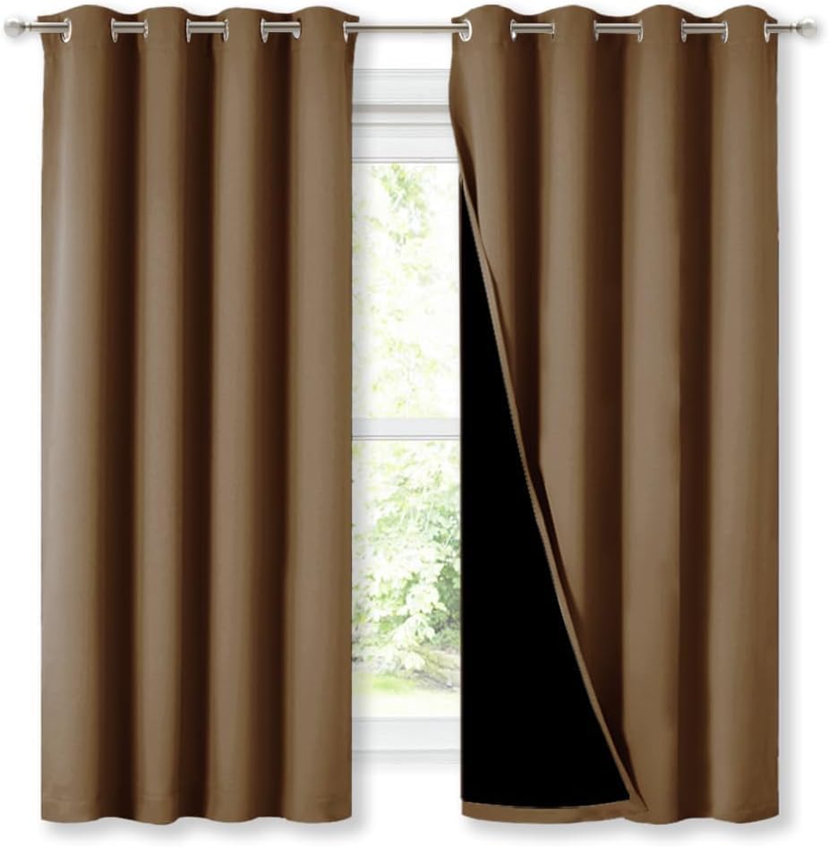 NICETOWN 100% Blackout Curtains 54 inches Long, Gold Brown, 1 Pair, 52 inches Width Each Panel, Double-Deck Completely Blackout Window Treatment Thermal Insulated Lined Drapes for Small Window