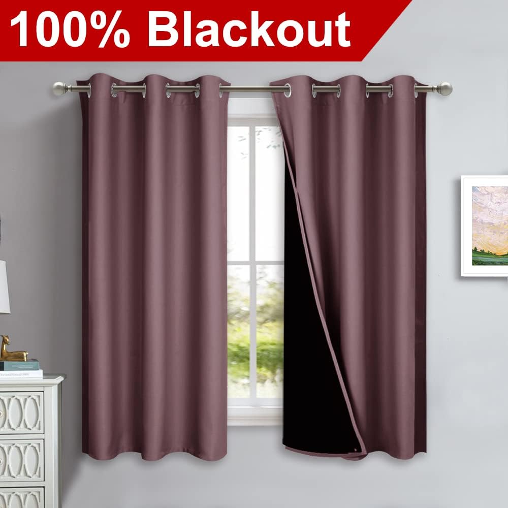 NICETOWN 100% Blackout Short Curtains with Black Liners, 2 Panels, 37" W by 60" L, Dry Rose, Solid Thermal Insulated Full Blackout 2-Layer Lined Drapes, Energy Efficiency Window Drapes for Bedroom