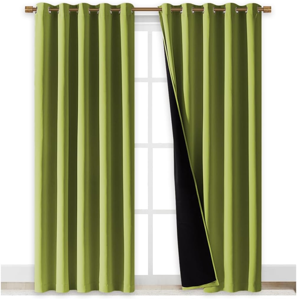 NICETOWN 100% Blackout Window Curtain Panels, Fresh Green, 2 PCs, 62" Wide Each Panel, Cold and Full Light Blocking Drapes with Black Liner for Nursery, 84 inches Drop Thermal Insulated Draperies
